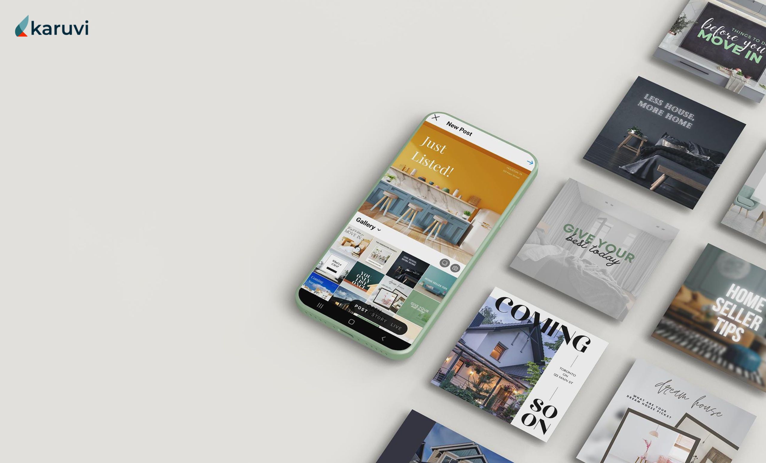 picture of a phone displaying social media templates for real estate agents