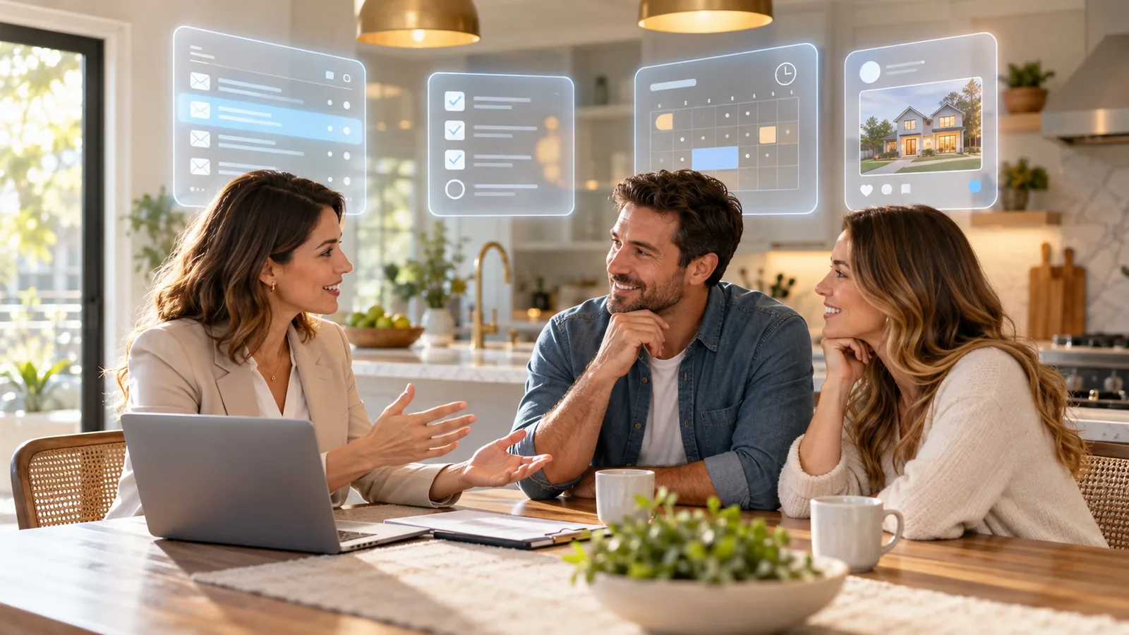 Real estate agent sitting with a family at a kitchen table while AI handles email, tasks, and content in the background
