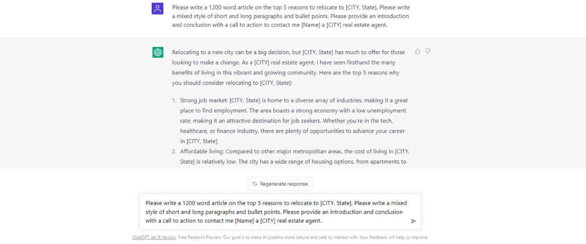 screenshot of Chat GPT returning generated copy of a blog article with real estate tips